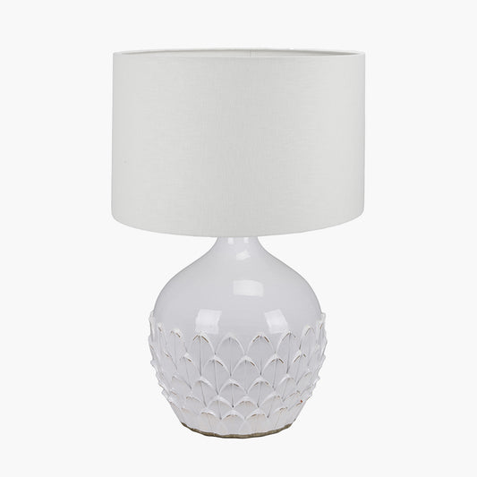 Willow White Leaf Detail Stoneware Table Lamp Base with Lino 40cm White Self Lined Linen Cylinder Lampshade