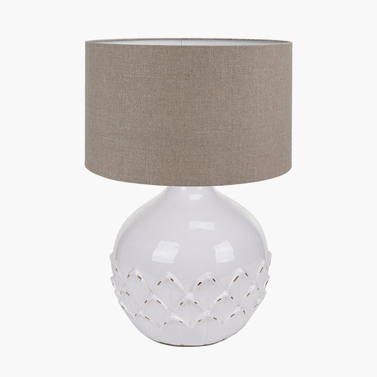 Willow White Leaf Detail Small Stoneware Table Lamp Base with Edward 30cm Natural Linen Cylinder Lampshade