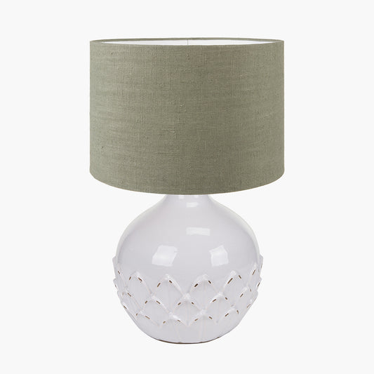 Willow White Leaf Detail Small Stoneware Table Lamp Base with Edward 30cm Pistachio Green Linen Cylinder Lampshade