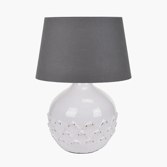 Willow White Leaf Detail Small Stoneware Table Lamp Base with Lys 25cm Steel Grey Self Lined Linen Tapered Lampshade