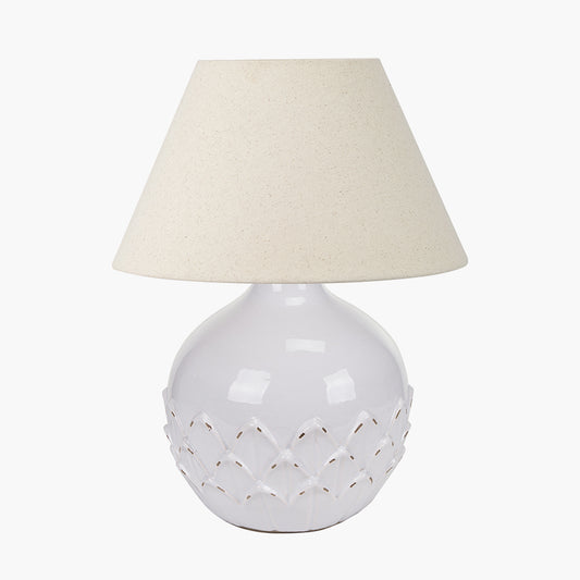 Willow White Leaf Detail Small Stoneware Table Lamp Base with Seychelles 30cm Cream Slubby Cotton Empire Lampshade