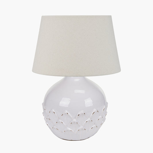 Willow White Leaf Detail Small Stoneware Table Lamp Base with Coast 25cm Cream Calico Tapered Lampshade