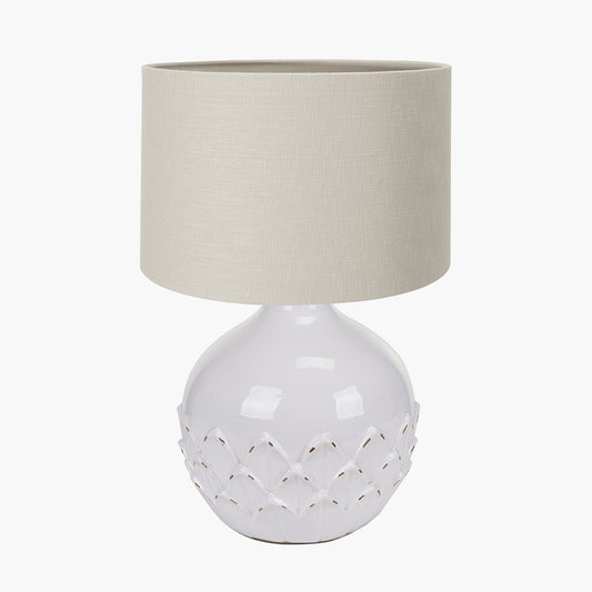Willow White Leaf Detail Small Stoneware Table Lamp Base with Lino 30cm Grey Self Lined Linen Cylinder Lampshade