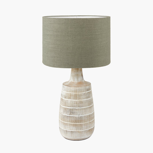 Dambula White Wash Wood Textured Tall Neck Table Lamp Base with Edward 40cm Pistachio Green Linen Cylinder Lampshade