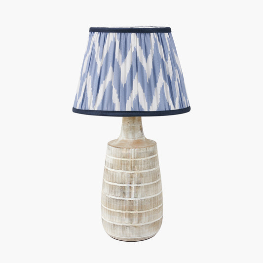Dambula White Wash Wood Textured Tall Neck Table Lamp Base with Kamilah 40cm Blue Chevron Patterned Mushroom Pleat Tapered Lamp Shade