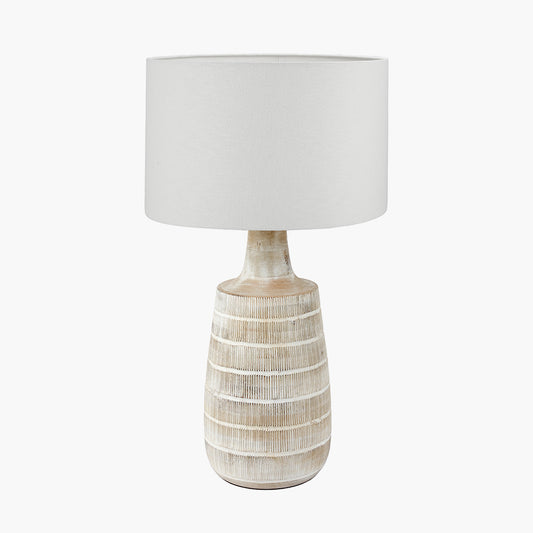 Dambula White Wash Wood Textured Tall Neck Table Lamp Base with Lino 40cm White Self Lined Linen Cylinder Lampshade