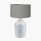Celia Grey and White Pattern Ceramic Table Lamp Base with Harry 30cm Steel Grey Cotton Mix Cylinder Lampshade