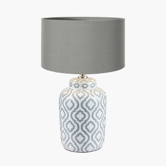 Celia Grey and White Pattern Ceramic Table Lamp Base with Harry 30cm Steel Grey Cotton Mix Cylinder Lampshade