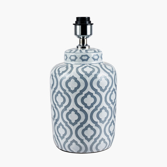 Celia Grey and White Pattern Ceramic Table Lamp Base with Harry 30cm Steel Grey Cotton Mix Cylinder Lampshade