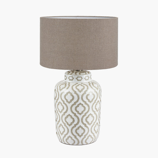Celia Taupe and White Pattern Ceramic Table Lamp Base with Edward 30cm Natural Linen Cylinder Lampshade
