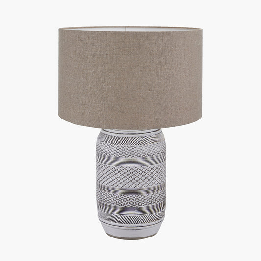 Kira White and Black Textured Stoneware Table Lamp Base with Edward 35cm Natural Linen Cylinder Lampshade