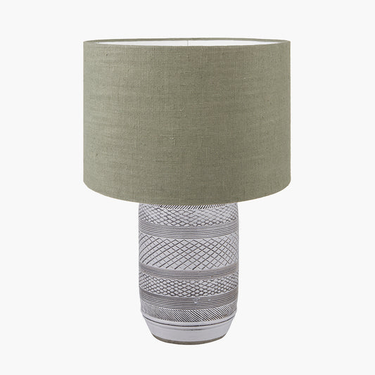 Kira White and Black Textured Stoneware Table Lamp Base with Edward 35cm Pistachio Green Linen Cylinder Lampshade