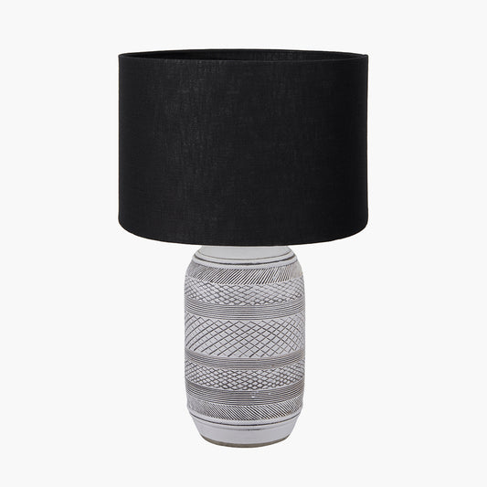 Kira White and Black Textured Stoneware Table Lamp Base with Lino 35cm Black Self Lined Linen Cylinder Lampshade