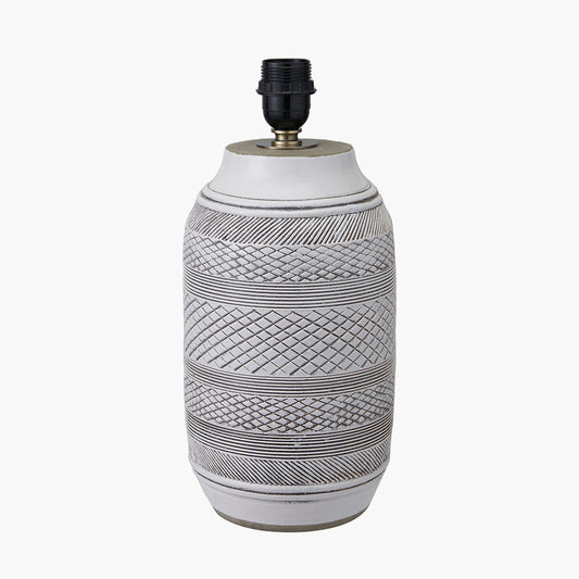 Kira White and Black Textured Stoneware Table Lamp Base with Lino 35cm Steel Grey Self Lined Linen Cylinder Lampshade