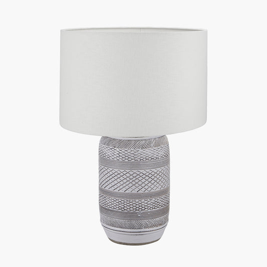 Kira White and Black Textured Stoneware Table Lamp Base with Lino 35cm White Self Lined Linen Cylinder Lampshade