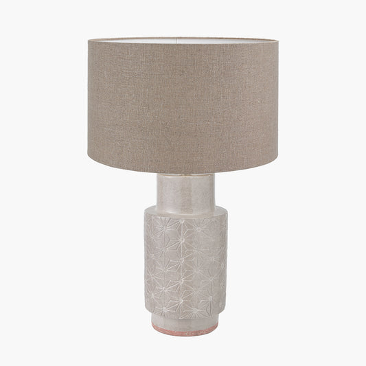Sidra Grey Stoneware Etch Detail Table Lamp Base with Edward 35cm Natural Linen Cylinder Lampshade