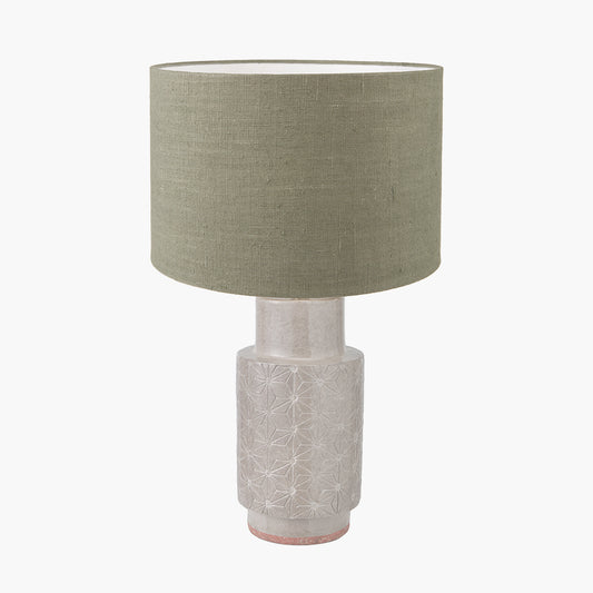 Sidra Grey Stoneware Etch Detail Table Lamp Base with Edward 35cm Pistachio Green Linen Cylinder Lampshade
