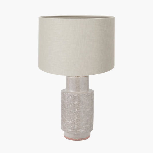 Sidra Grey Stoneware Etch Detail Table Lamp Base with Lino 35cm Grey Self Lined Linen Cylinder Lampshade