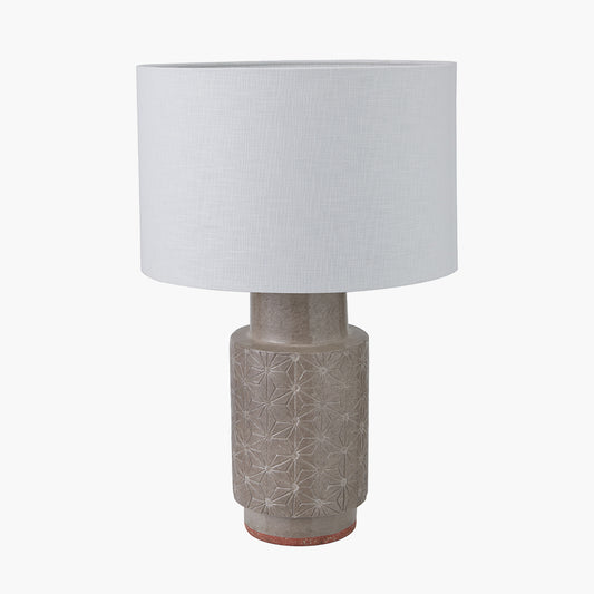Sidra Grey Stoneware Etch Detail Table Lamp Base with Lino 35cm White Self Lined Linen Cylinder Lampshade
