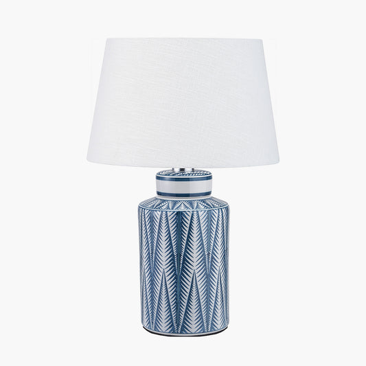 Samara Blue and White Aztec Pattern Ceramic Table Lamp Base with Winston 35cm White Handloom Tapered Lampshade