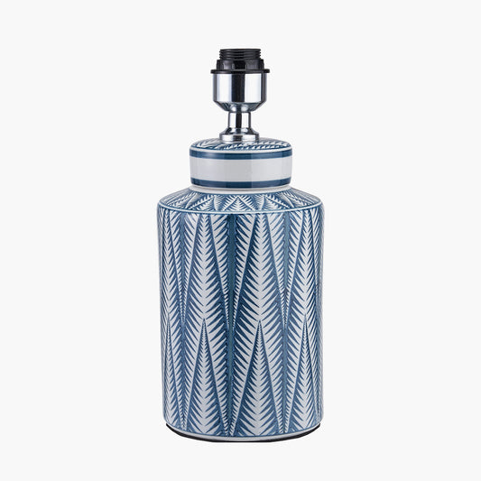 Samara Blue and White Aztec Pattern Ceramic Table Lamp Base with Winston 35cm White Handloom Tapered Lampshade