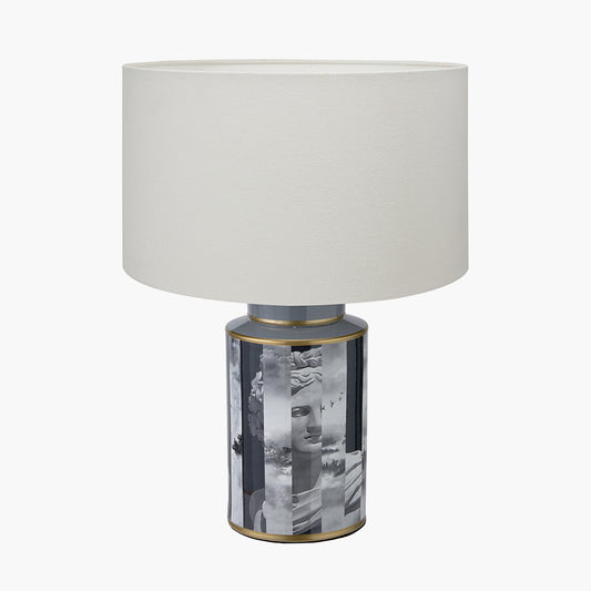 Fenella Black and White Photographic Design Table Lamp Base with Henry 35cm White Handloom Cylinder Lampshade