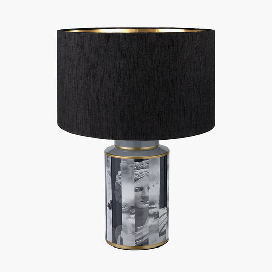 Fenella Black and White Photographic Design Table Lamp Base with Stellan 35cm Black Slubbed  Silk Mix Gold Lined Cylinder Lampshade