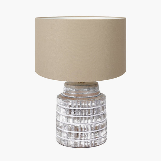 Paihia White Wash Wood Textured Short Table Lamp Base with Henry 30cm Taupe Handloom Cylinder Lampshade