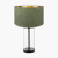 Westwood Clear Glass and Black Metal Table Lamp Base with Stellan 30cm Green Slubbed Silk Mix Gold Lined Cylinder Lampshade