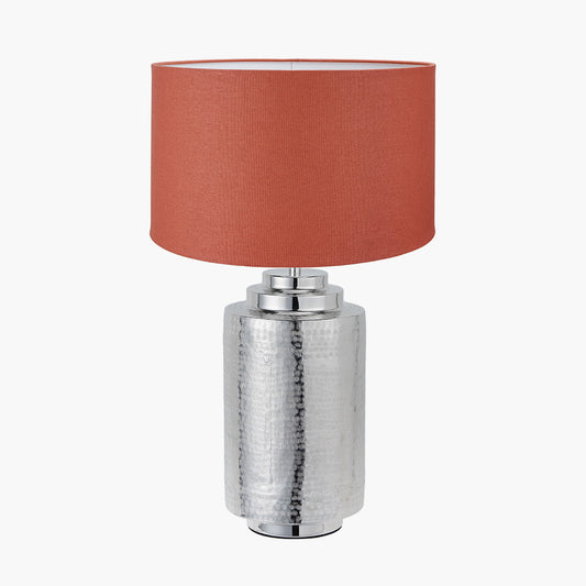 Zuri Large Shiny Silver Metal Pot Table Lamp Base with Henry 45cm Tobacco Handloom Cylinder Lampshade