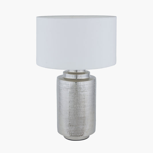 Zuri Large Shiny Silver Metal Pot Table Lamp Base with Henry 45cm White Handloom Cylinder Lampshade