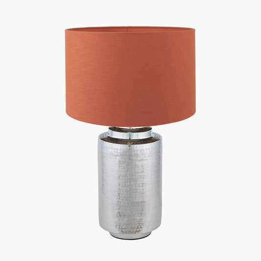 Zuri Large Shiny Silver Metal Pot Table Lamp Base with Lino 45cm Cinnamon Self Lined Linen Cylinder Lampshade