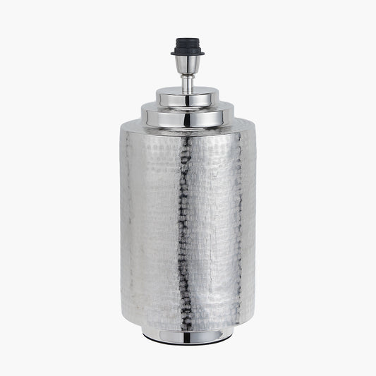 Zuri Large Shiny Silver Metal Pot Table Lamp Base with Lino 45cm Cinnamon Self Lined Linen Cylinder Lampshade