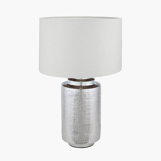 Zuri Large Shiny Silver Metal Pot Table Lamp Base with Lino 45cm White Self Lined Linen Cylinder Lampshade