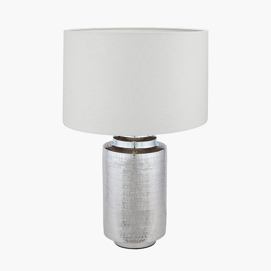 Zuri Large Shiny Silver Metal Pot Table Lamp Base with Lino 50cm White Self Lined Linen Cylinder Lampshade