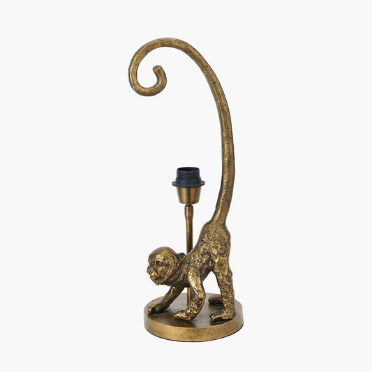 Vervet Antique Brass Metal Monkey Table Lamp Base with Lino 30cm Black Self Lined Linen Cylinder Lampshade