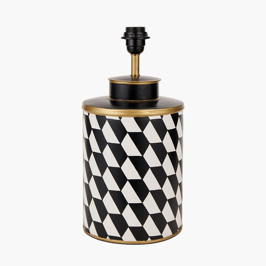 Victor Black and White Geometric Hand Painted Metal Table Lamp Base with Stellan 35cm Black Slubbed Silk Mix Gold Lined Cylinder Lampshade