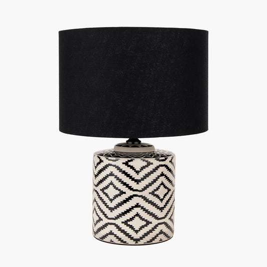 Chirala Black and White Ikat Ceramic Table Lamp Base with Lino 35cm Black Self Lined Linen Cylinder Lampshade