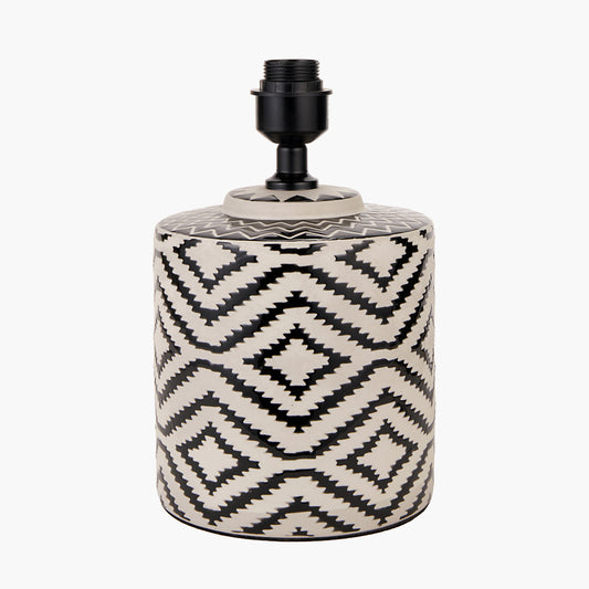 Chirala Black and White Ikat Ceramic Table Lamp Base with Lino 35cm Black Self Lined Linen Cylinder Lampshade