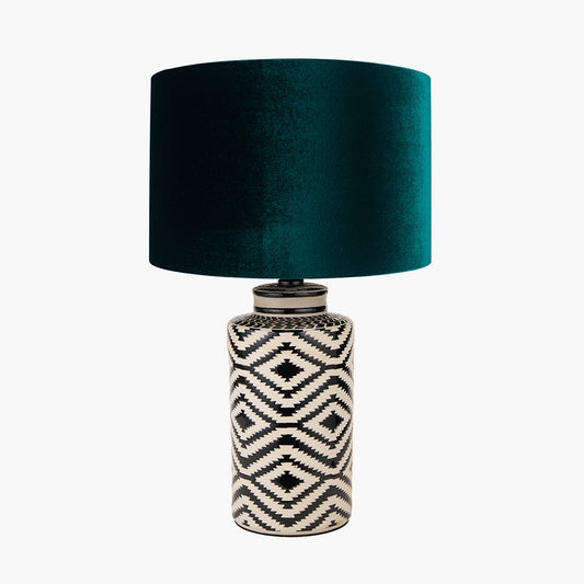 Chirala Black and White Tall Ikat Ceramic Table Lamp Base with Bow 40cm Forest Green Velvet Cylinder Lampshade