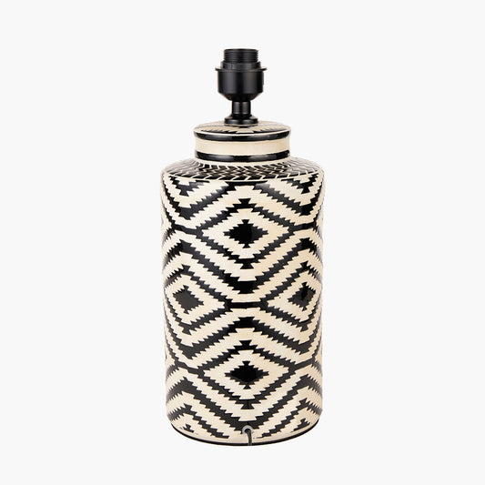 Chirala Black and White Tall Ikat Ceramic Table Lamp Base with Bow 40cm Forest Green Velvet Cylinder Lampshade