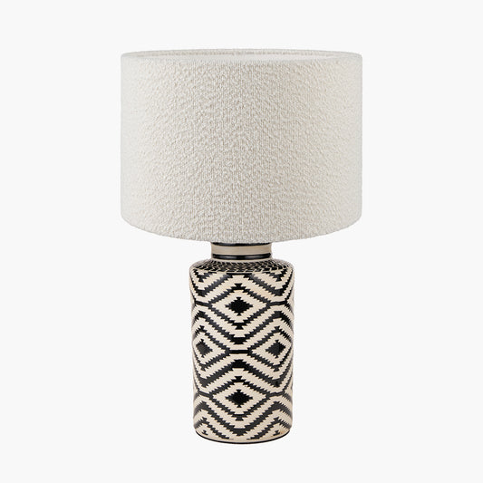 Chirala Black and White Tall Ikat Ceramic Table Lamp Base with Rouen 35cm White Boucle Cylinder Lampshade