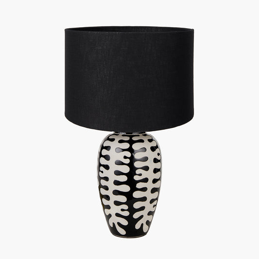 Elkorn Black and White Tall Coral Ceramic Table Lamp Base with Lino 35cm Black Self Lined Linen Cylinder Lampshade