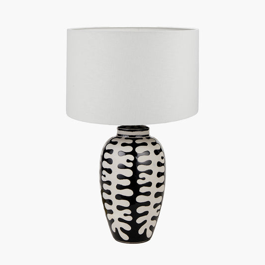 Elkorn Black and White Tall Coral Ceramic Table Lamp Base with Lino 35cm White Self Lined Linen Cylinder Lampshade