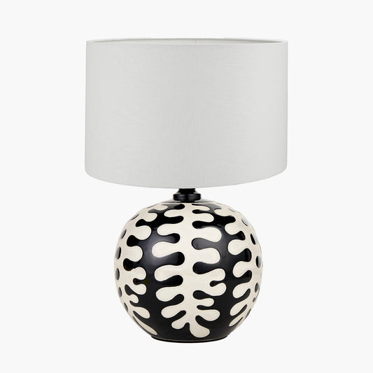 Elkorn Black and White Coral Ceramic Table Lamp Base with Lino 30cm White Self Lined Linen Cylinder Lampshade