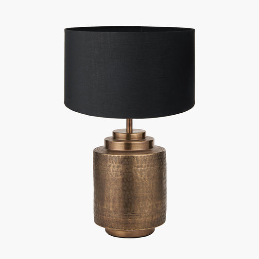 Zuri Antique Brass Metal Pot Table Lamp Base with Harry 40cm Black Cotton Mix Cylinder Lampshade