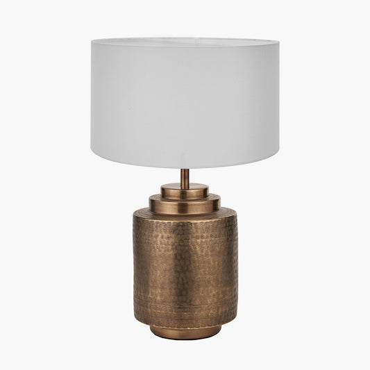 Zuri Antique Brass Metal Pot Table Lamp Base with Harry 40cm Ivory Cotton Mix Cylinder Lampshade