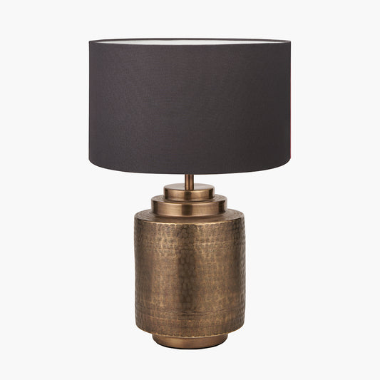 Zuri Antique Brass Metal Pot Table Lamp Base with Henry 40cm Grey Handloom Cylinder Lampshade