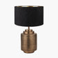 Zuri Antique Brass Metal Pot Table Lamp Base with Stellan 40cm Black Slubbed Silk Mix Gold Lined Cylinder Lampshade