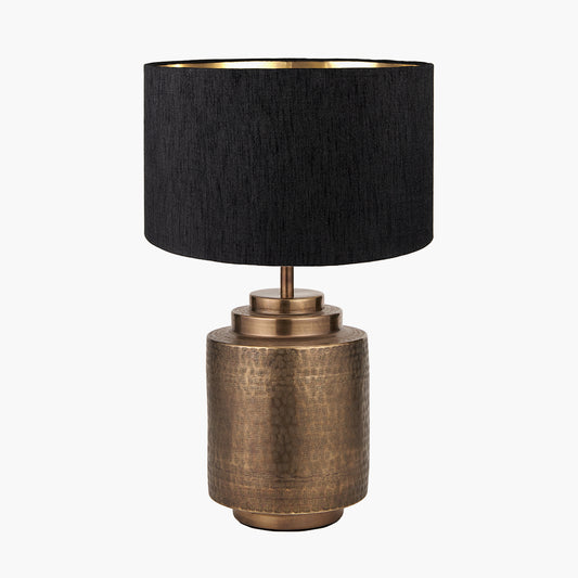 Zuri Antique Brass Metal Pot Table Lamp Base with Stellan 40cm Black Slubbed Silk Mix Gold Lined Cylinder Lampshade